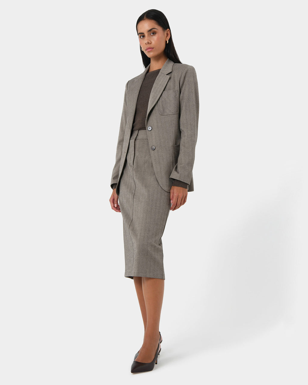 Allara Herringbone Midi Skirt
