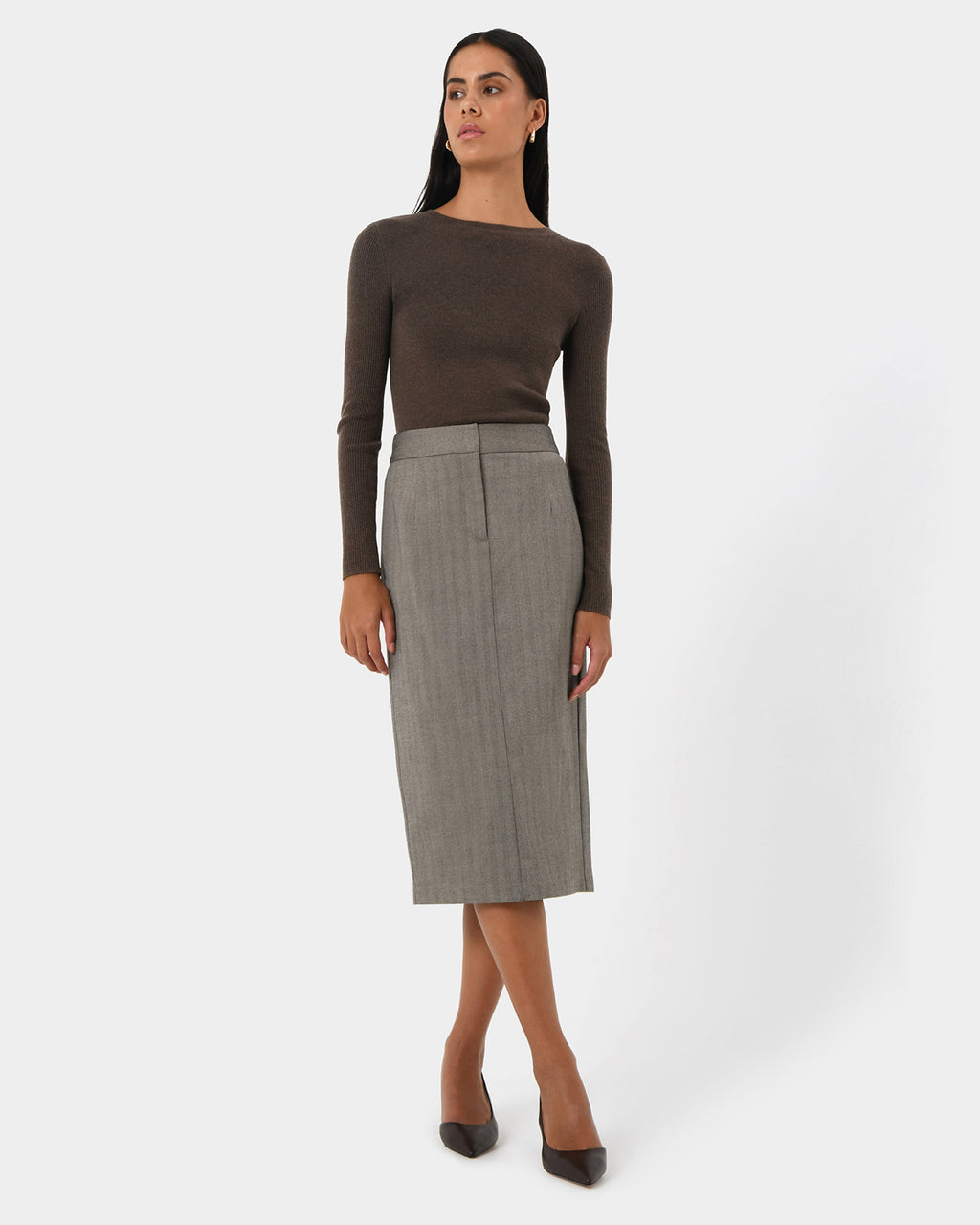 Allara Herringbone Midi Skirt