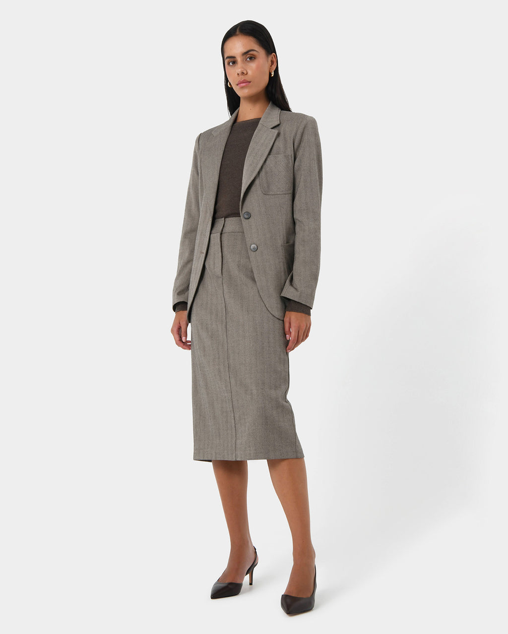 Allara Herringbone Midi Skirt