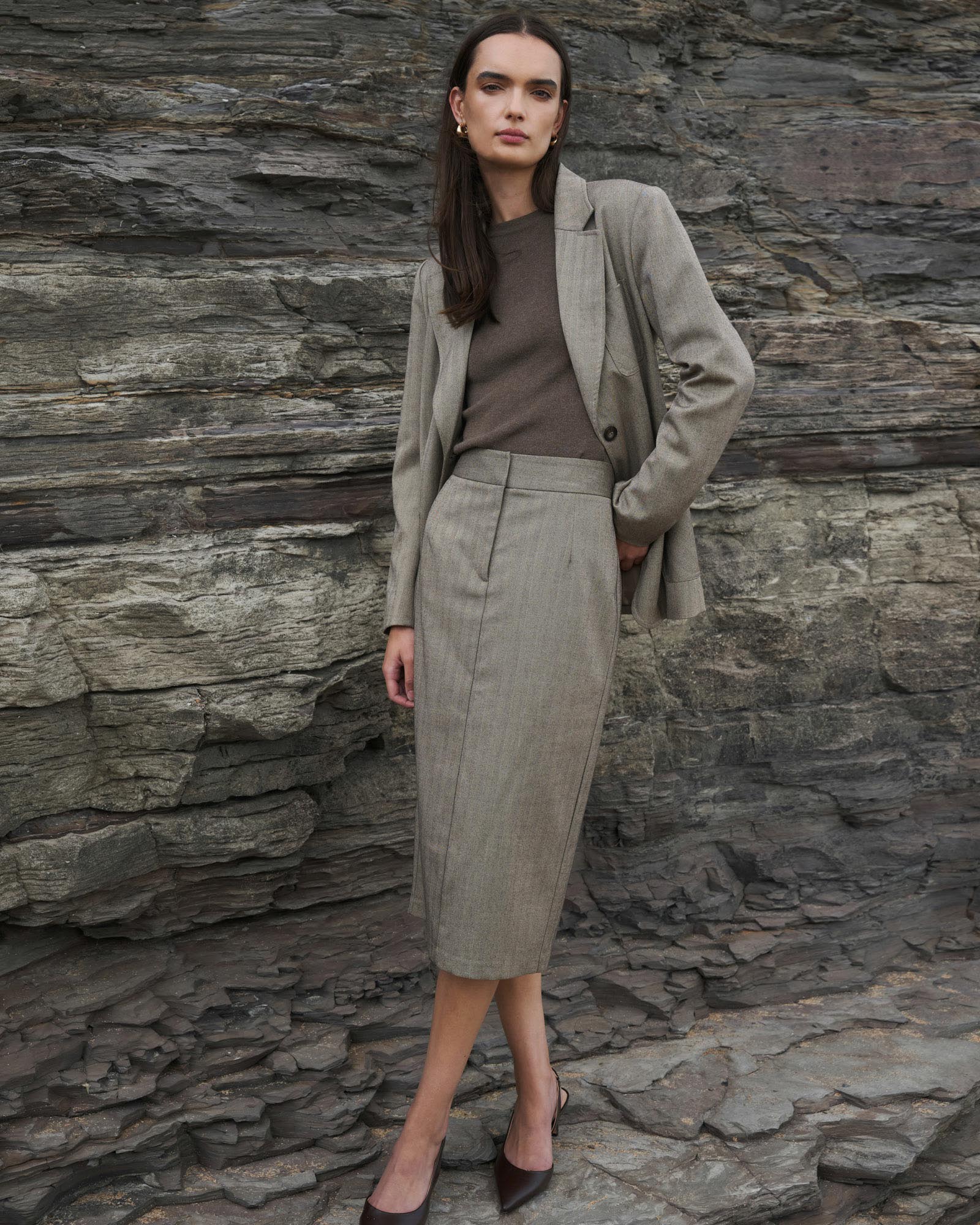 Allara Herringbone Midi Skirt