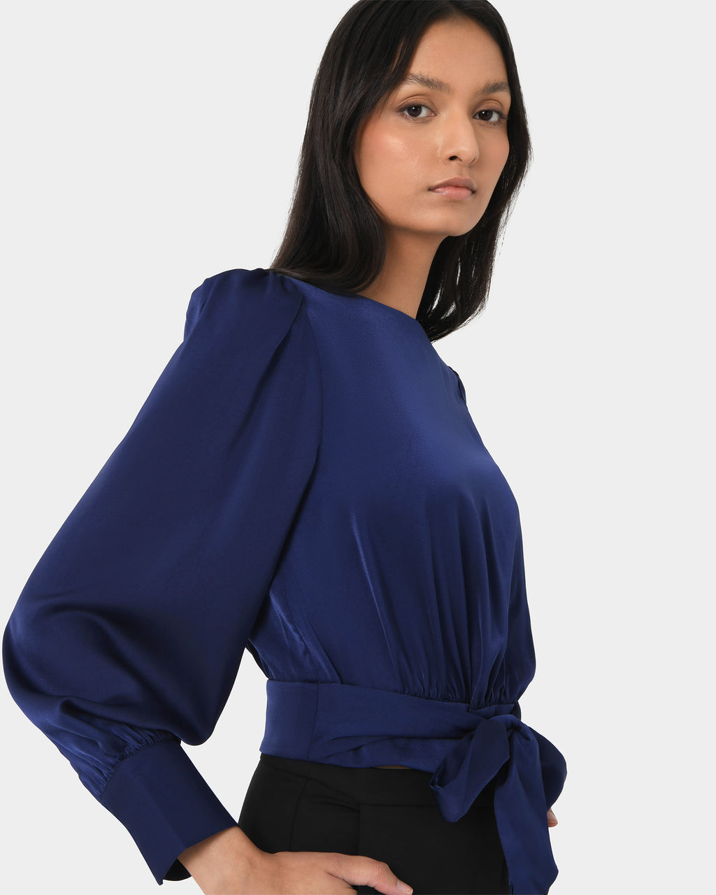 Lorinda Tie Waist Satin Blouse