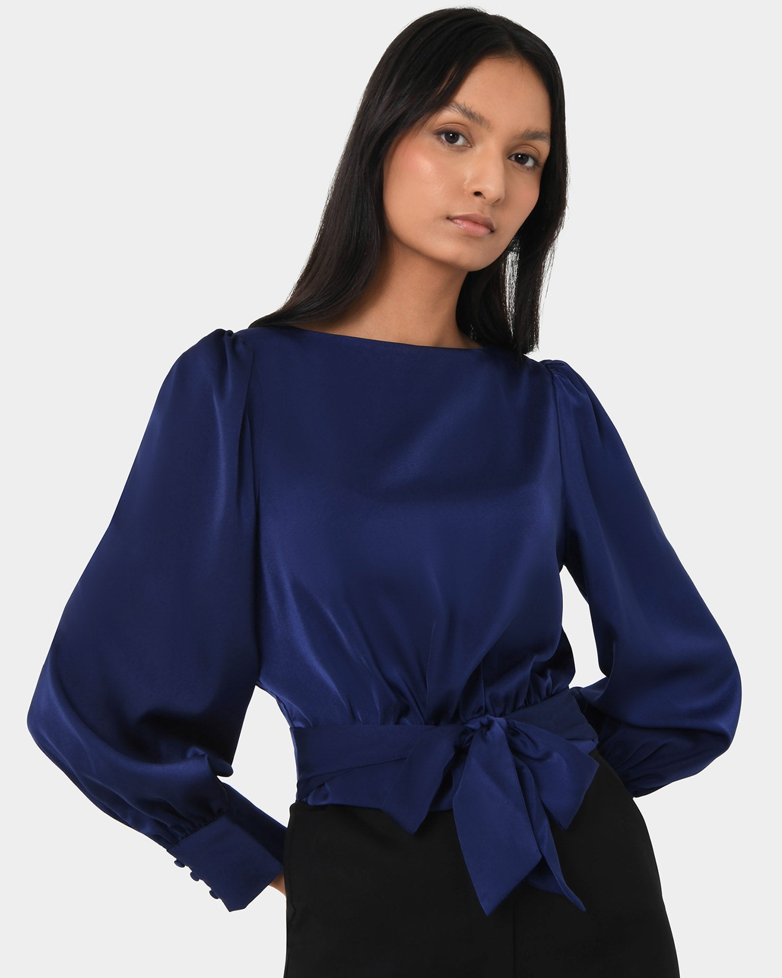 Lorinda Tie Waist Satin Blouse