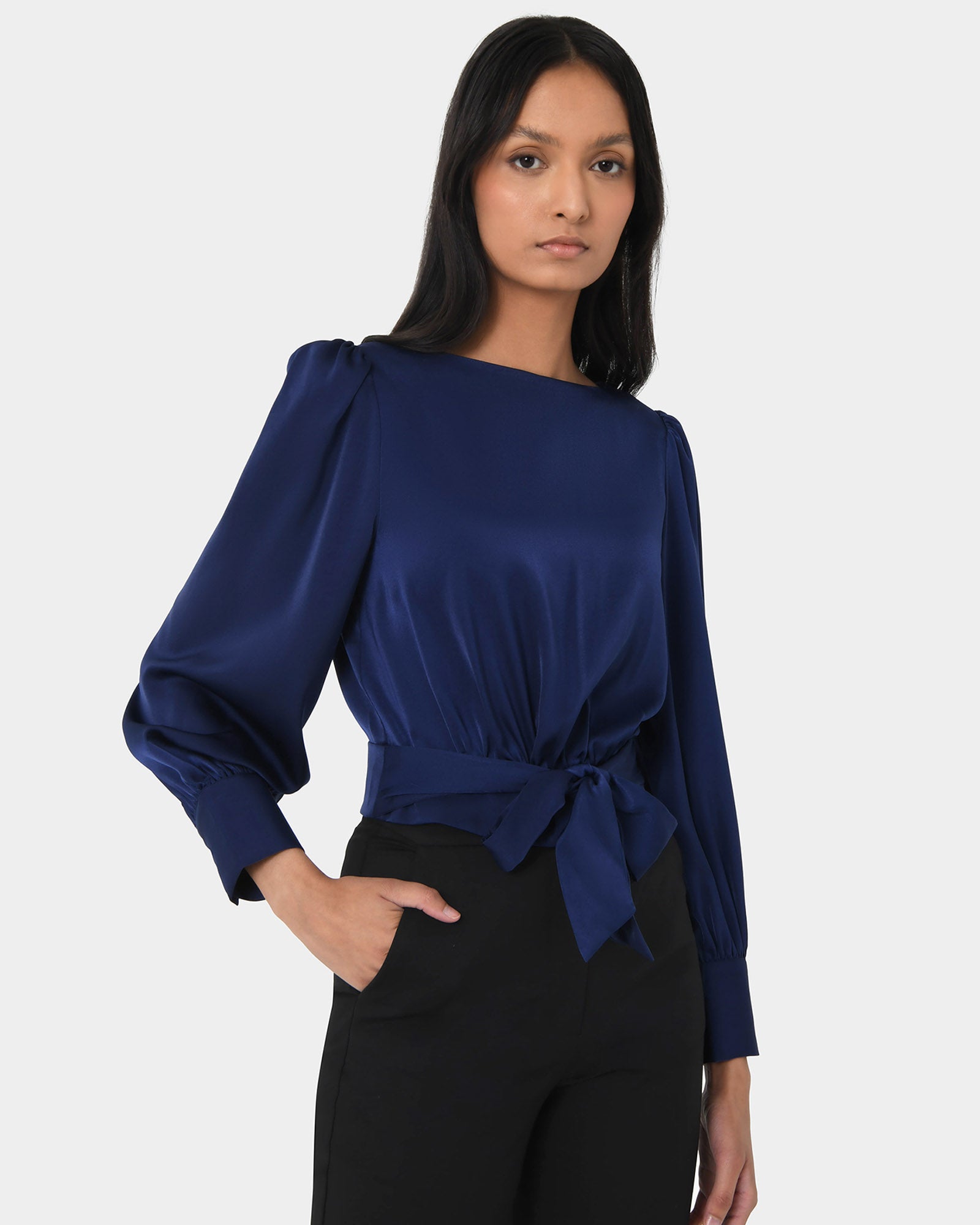 Lorinda Tie Waist Satin Blouse