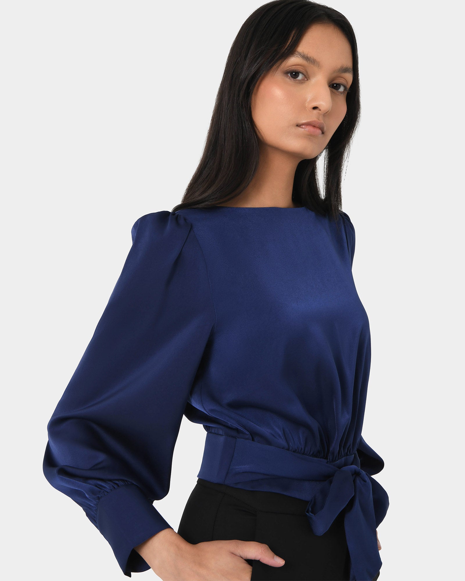 Lorinda Tie Waist Satin Blouse