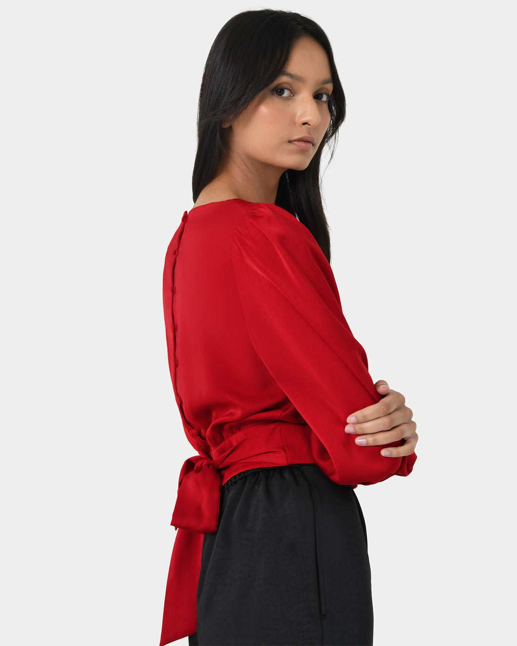 Lorinda Tie Waist Satin Blouse