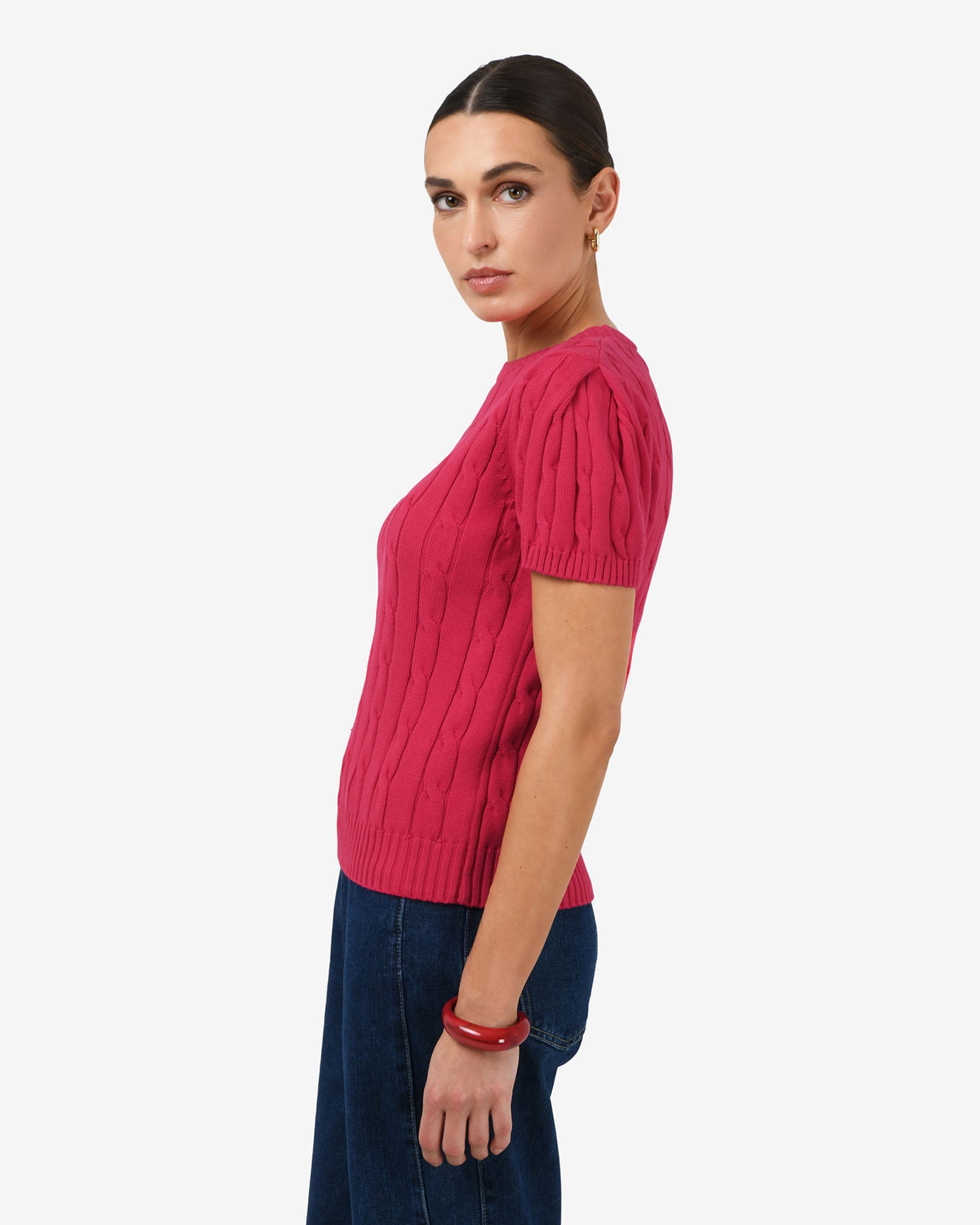 Berry Puff Sleeve Cable Knit